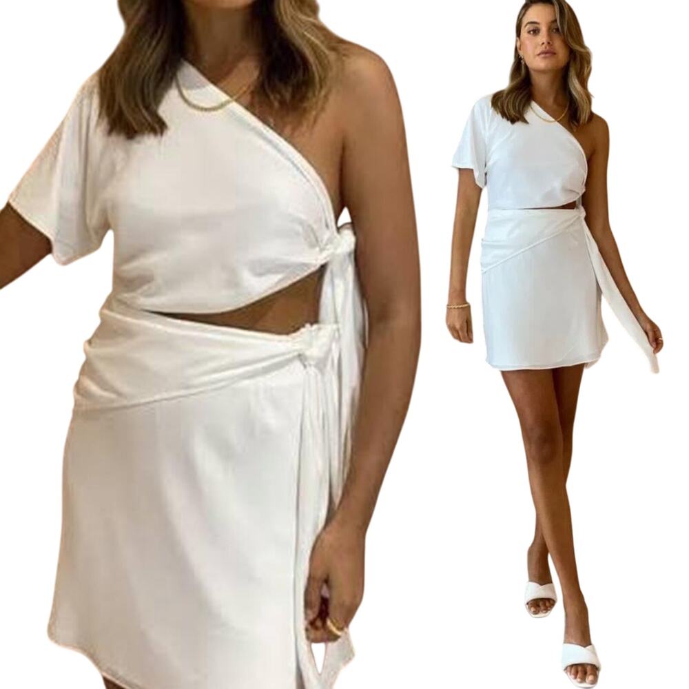 Coco & Lola Issy Mona Mini Dress One Shoulder Cut out Tie Sides White NEW 10